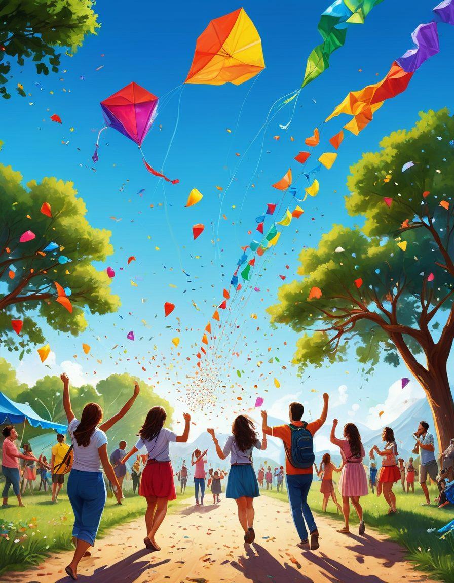 A vibrant scene of diverse people joyfully engaging in various outdoor activities like dancing, hiking, and playing games under a bright blue sky filled with colorful kites. The atmosphere radiates happiness, featuring confetti and balloons floating in the air, surrounded by lush greenery and laughter. The setting should evoke a sense of adventure and merriment. bright colors. super-realistic. dynamic composition.