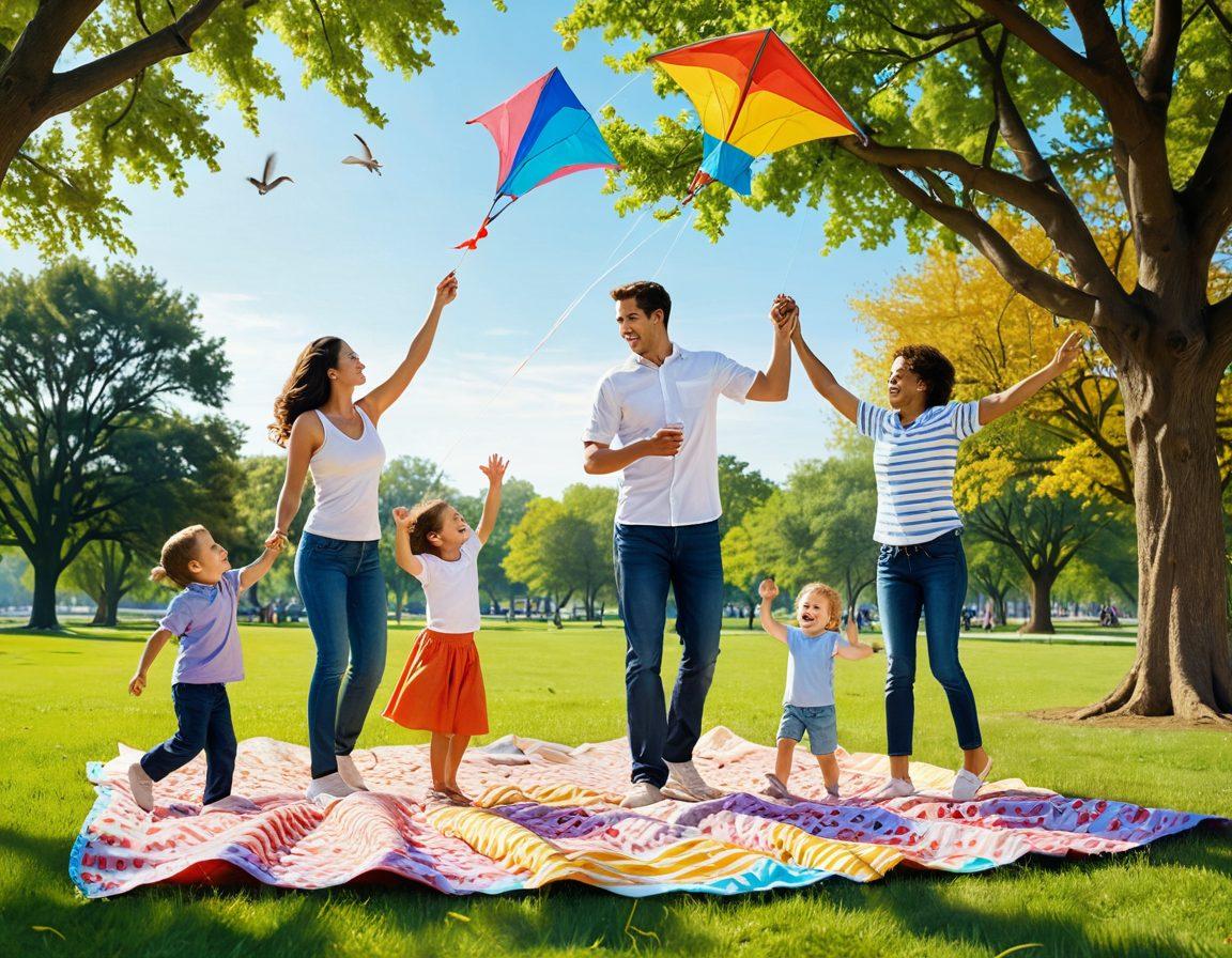 A joyful family engaging in various playful activities in a colorful park setting, showcasing moments like flying kites, painting together, and playing frisbee. Bright smiles illuminate their faces, surrounded by playful animals and vibrant flowers. The atmosphere is filled with a sense of lightheartedness and fun, inviting viewers to embrace joy. super-realistic. vibrant colors. cheerful atmosphere.