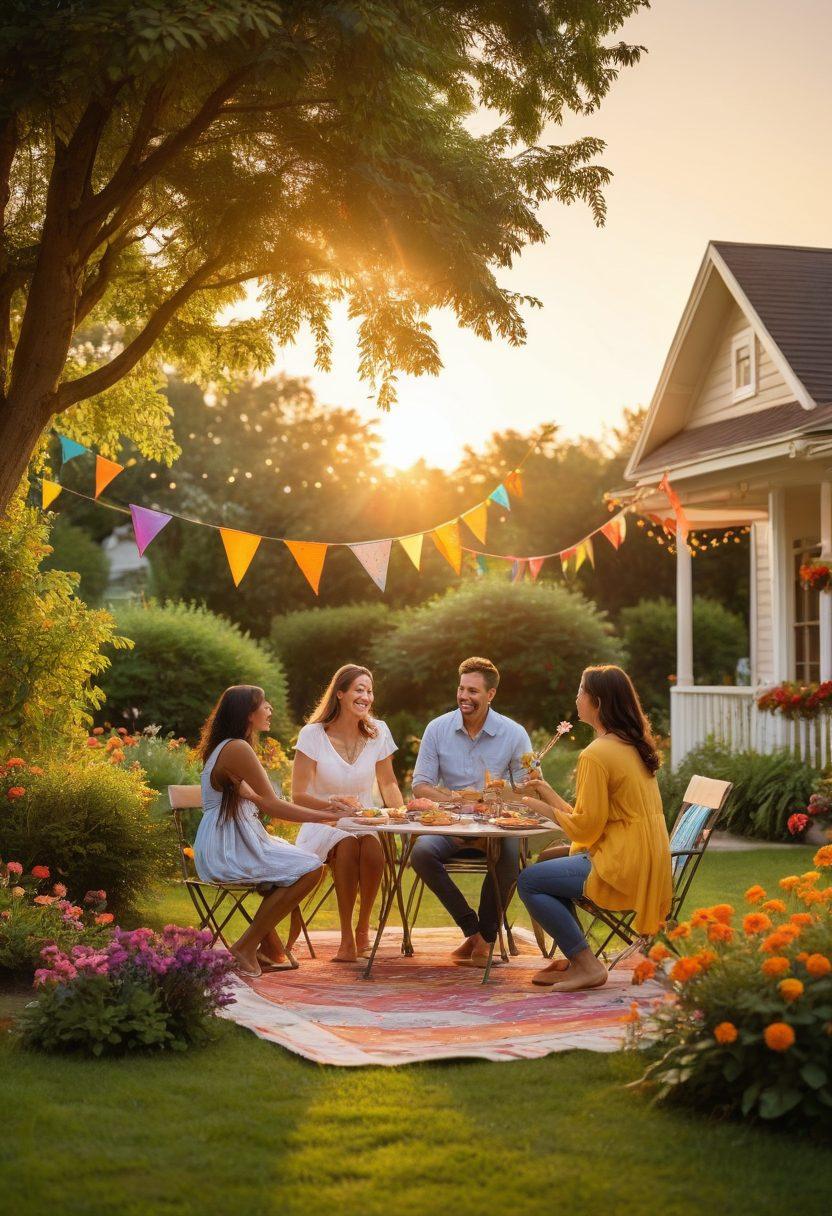A joyful family gathered in a colorful backyard, engaging in various heartwarming activities like kite flying, painting, baking cookies, and playing games, surrounded by lush greenery and bright flowers. Everyone is smiling and laughing, cherishing each moment together, with a soft golden sunset in the background creating a warm atmosphere. playful, vibrant colors, super-realistic, inviting and cheerful.